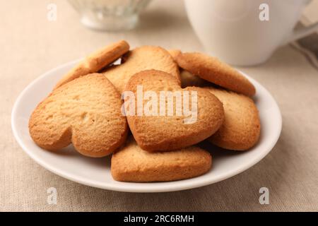 Heart shaped Danish butter cookies on table, closeup Stock Photo