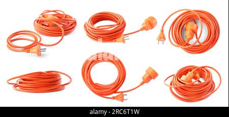 Collage with orange extension cord on white background, different sides Stock Photo