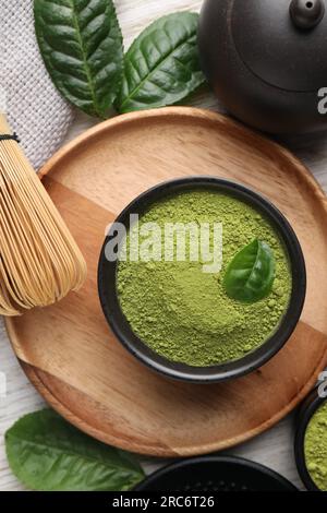 Flat lay composition with green matcha powder on table Stock Photo