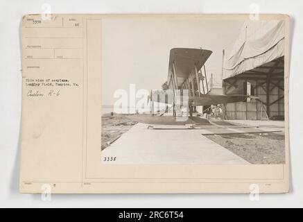 Side view of a seaplane at Langley Field in Hampton, Virginia. The seaplane is a Curtiss R-6. This photograph has the identification number 3338 and was taken during World War One. Stock Photo