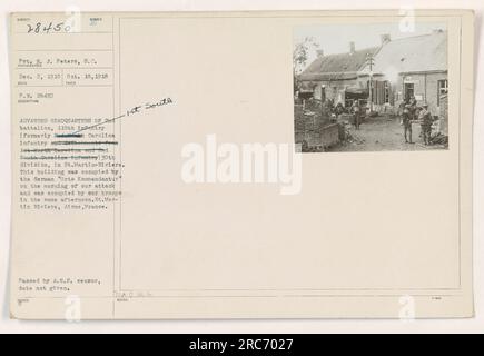 'Photograph taken by Pvt. E. J. Peters, S.C on Oct. 18, 1918. It shows the advanced headquarters of the 2nd Battalion, 118th Infantry in St.Martin-Riviere. This building was previously occupied by the German 'Orta Kommandantur' and was later taken over by our troops on the same day. Location: St.Martin-Riviere, Aisne, France.' Stock Photo