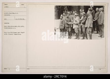 Maj. Gen. Williams and his staff pictured alongside the French Committee during World War One. The photo was taken on August 29, 1918, and was requested by the Ordinance Department in Washington D.C. The photographer is identified as Lieut. Zalibra. No additional details are provided. Stock Photo