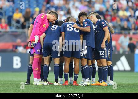 July 12, 2023; Foxborough, MA, USA; New England Revolution huddle prior to the MLS match between Atlanta United and New England Revolution. Anthony Nesmith/CSM Stock Photo