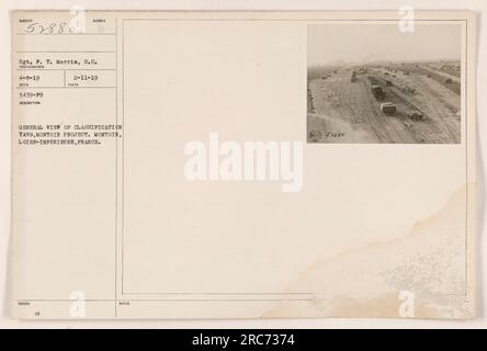 This photograph, taken on April 8, 1919, shows a general view of the classification yard at Montoir project in Montoir, Loire-Inferieure, France. The photographer was Sgt. P. T. Morris, S.C. The photo was issued on February 11, 1919, with the description and notes cited above. Stock Photo