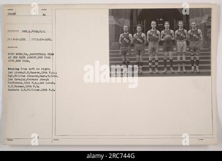 Fort Myer, Va., basketball team posing at the 69th Armory in New York City. The team members, reading from left to right, are 1st Lieut. H.R. Hanson of the 19th Field Artillery; Sgt. William Gleason; Capt. T. Cole of the 3rd Cavalry; Private Joseph Seifstein of the 19th Field Artillery; 1st Lieut. C.R. Hayman of the 19th Field Artillery; and Captain J.R. Williams of the 19th Field Artillery. The photo was taken on March 30, 1920, and was received on April 8, 1920. Photographer: SGT. K. Polk, S.C. Stock Photo