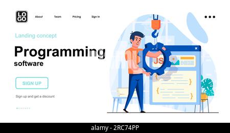 Programming software web concept. Man configures program develops