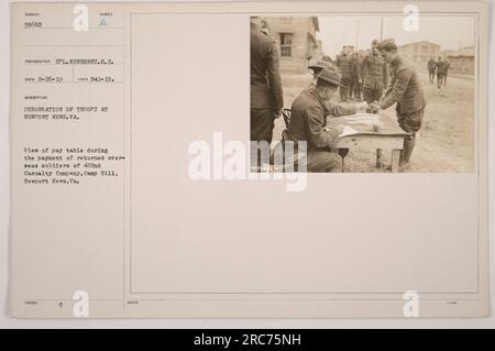 'Factual caption for image 111-SC-38682: A view of a pay table during the payment of returned overseas soldiers of the 482nd Casualty Company at Camp Hill, Newport News, VA. The photograph was taken by CPL. Newberry on February 26, 1919.' Stock Photo