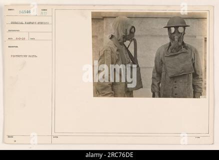 Soldiers wearing protective suits during World War I. The suits were issued for protection against chemical warfare. Photo by AU photographer RECO, taken on April 2nd, 1919. This image, labeled C 2125, captures the soldiers preparedness for chemical attacks. Stock Photo