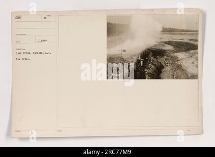 Soldiers at Camp Upton, Long Island, participating in a gas drill in 1918. The photograph shows soldiers wearing gas masks and practicing the proper procedures for gas attacks during World War I. Camp Upton was an important training facility for American soldiers during the war. Stock Photo