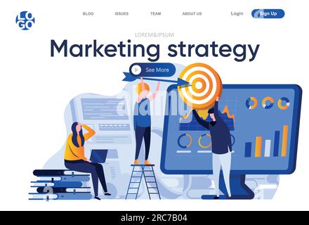 Marketing strategy flat landing page. Marketing team doing target audience research vector illustration. Data analysis and finding potential customers Stock Vector