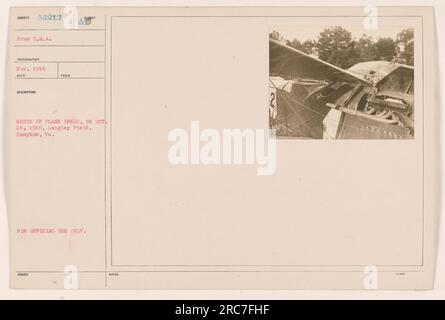 Wreckage of plane 38402 at Langley Field, Hampton, Virginia on October 28, 1918. The photograph is part of the American military activities during World War One. The plane appears to have crashed and this image was taken for official use only. Stock Photo