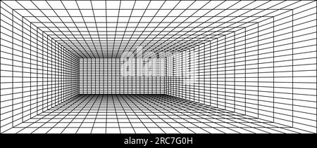 Wireframe grid room. 3d perspective background. Futuristic digital outline space. Black and white geometric design. Vector template illustration. Angle point of view. Stock Vector