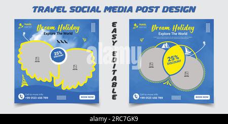 Travel and tourism social media post banner Design Template, traveling advertisement banner design Stock Vector