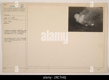 Image: The photograph depicts a burning incendiary drop dart that has struck the ground. It was taken on July 12, 1918, as part of pyrotechnic research conducted by J.A. Richter from the Chemical Warfare Service's Research Division. The dart features a cloth tail and is numbered 54892 AU. This photograph was received from the Chemical Warfare Service and is categorized under subject number 1109. Stock Photo