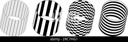 Collection of cylinder with different patterns. Wireframe, striped and checkered 3d tubes set. Black and white geometric elements for design templates, icons, logo. Abstract vector tunnels pack Stock Vector