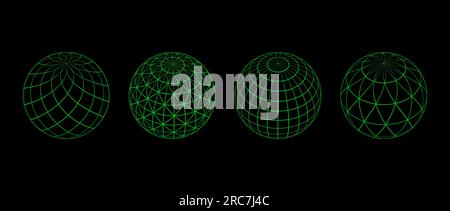 Neon green wireframe spheres collection. 3d outline globes with different grid patterns. Geometric circle elements for design templates, icons, logo. Abstract balls with connected lines. Vector pack Stock Vector