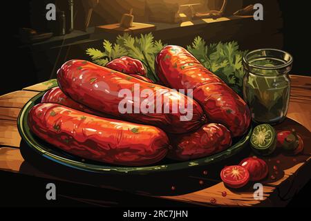 cartoon vector illustration of Mouthwatering sausages displayed on a rich, dark wooden surface Stock Vector