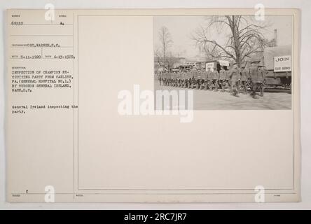 Surgeon General Ireland from Washington D.C. inspecting the champion recruiting party from General Hospital No. 1 in Carlisle, PA. The image was captured on April 13, 1920, by photographers Warner.S.C. A. and issued with the identification number 68332. The caption calls for joining the army, with reference to the notes 90 and 68552. Stock Photo