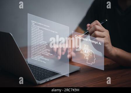 Command Prompt AI interface and machine learning language processing, neural networks, and computer vision. use of chatbot technology automation, data Stock Photo