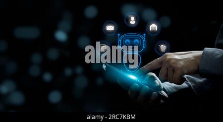 robot ai artificial intelligence big data and marketing, planning sale information and research development. Hand using smartphone digital technology. Stock Photo
