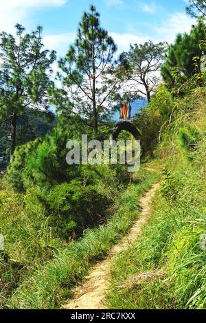 Narrow dirt hiking trail leading up the mountain to a natural tree trunk arch with colorful prayer flags hanging overhead in rural Bhutan Stock Photo