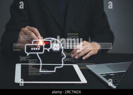 Command Prompt AI interface and machine learning language processing, neural networks, and computer vision. use of chatbot technology automation, data Stock Photo