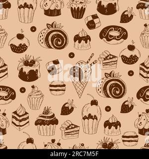 Sweet desserts seamless pattern. Delicious food, donut, roll, cakes, ice cream, berries and creamy dessert. Vector illustration. Hand drawn doodle for Stock Vector
