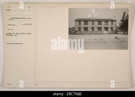 Officers Quarters at Army Supply Base in Norfolk, VA. This photograph, taken by Sergeant McGarrigle on February 17, 1919, shows the building numbered 5.8395. Additional notes indicate that the description symbol for this image is 'C' and it was taken on June 17, 1919. Stock Photo