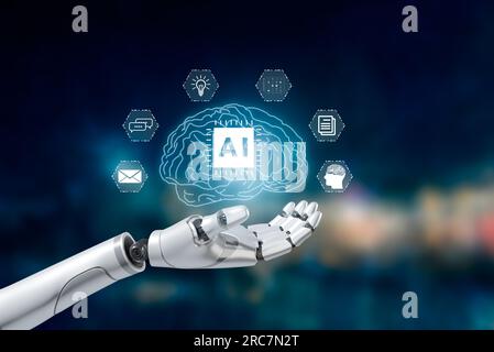 Robot hand touch brain virtual screen creating artificial intelligence AI in a digital technology 3D rendering. Stock Photo