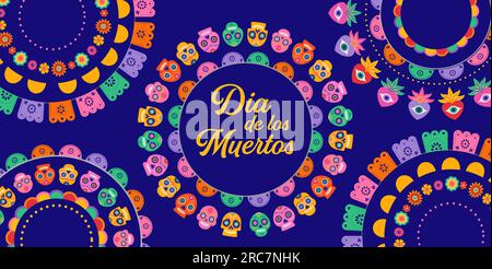 Dia de los Muertos, Day of the dead abstract Mexican background with circles of garlands, paper decorations and flowers Stock Vector