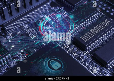 printed circuit board with active and passive surface mounted components close up. Cyber security concept Stock Photo