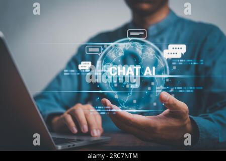 Hand of businessman chatting with smart AI or artificial intelligence, Automate chatbot Digital, robot application, OpenAI generate. Futuristic techno Stock Photo