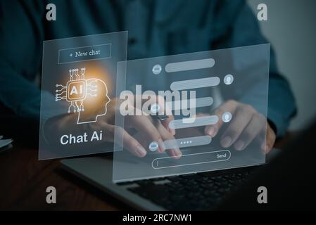 Chatbot conversation Ai Artificial Intelligence technology online customer service.Digital chatbot, robot application, OpenAI generate. Futuristic tec Stock Photo