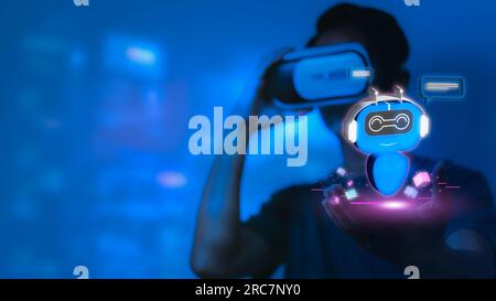 Businessman holding a light chatbot hologram intelligence AI. Digital chatbot, metaverse, robot application.chat with AI Artifice intelligent develope Stock Photo
