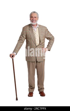 Senior man with walking cane on white background Stock Photo