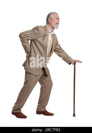 Old Man Trying Get Up From Sofa With Support Of Cane Or Walking
