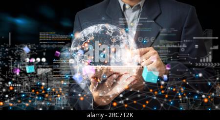 Digital technology communication cyber global network. Business big data and marketing concept WEB 3.0.hand touch globe internet. Stock Photo