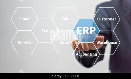 ERP Enterprise Resource Planning and AI Artificial Intelligence technology. using AI in ERP systems, such as automation, optimization, and data analyt Stock Photo