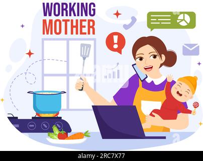 Working Mother Vector Illustration with Mothers who does Work and Takes Care of her Kids at the Home in Multitasking Cartoon Hand Drawn Templates Stock Vector