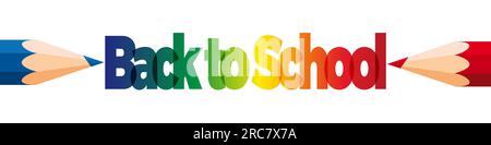 The words Back To School. Banner with the text colored rainbow and pencil red and blue. Vector template for web and card header Stock Vector