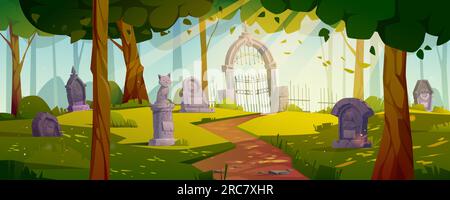 Pet funeral on cemetery in forest vector landscape. Graveyard for dead cat and dog with green grass and sunlight in summer panoramic background. 2d me Stock Vector