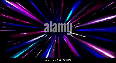 Abstract neon blue and purple light traces. Vector realistic illustration of hyperspace jump into black hole through vibrant tunnel, fast speed motion Stock Vector