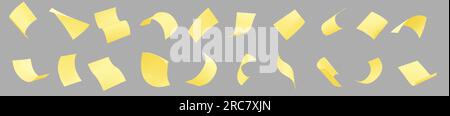 Blank paper sheets, document pages and office notes fly in air. 3d empty yellow stickers with curl corners fall isolated on transparent background, ve Stock Vector