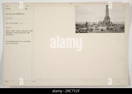 West Point Class of 1921 during their tour in Europe. They visited various countries including France, Belgium, and Germany. The photograph shows the Schleswig-Holstein Monument near Beaumont. The image was captured by Lt. Col. G.R. Harrison on 12-13-19. Notes indicate the reference number as 64743. Stock Photo