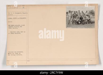 Cuban soldiers playing baseball at Key West Barracks, Coast Defense Station in Key West, Florida. The photo was taken on February 28, 1918 by Lt. H.P. Kingmore of the Signal Corps. The image was censored and released by the War College Division on March 23, 1918. Stock Photo