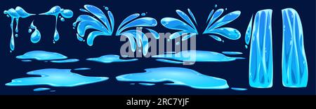 Cartoon set of water splash, puddle, drops, waterfall, river flow isolated on dark blue background. Vector illustration of liquid spray droplets, rain Stock Vector