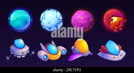 Cartoon set of alien UFO and planets isolated on night starry sky background. Vector illustration of space objects, destroyed asteroid, fantasy stars, Stock Vector