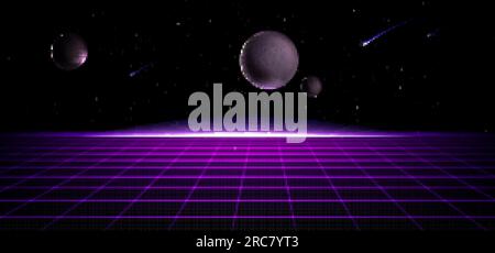 Futuristic retro landscape of the 80s. Vector futuristic illustration of sun with mountains in retro style. Digital Cyber Surface. Suitable for design Stock Vector