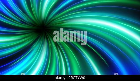 Hyperspace jump into black hole through vibrant neon space with blue and green traces of moving light. Vector realistic illustration of abstract cosmi Stock Vector