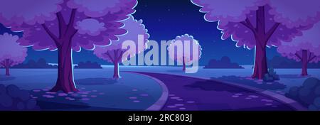 Night park alley with sakura trees. Vector cartoon illustration of road running through dark public garden in spring, cherry blossom petals on ground, Stock Vector